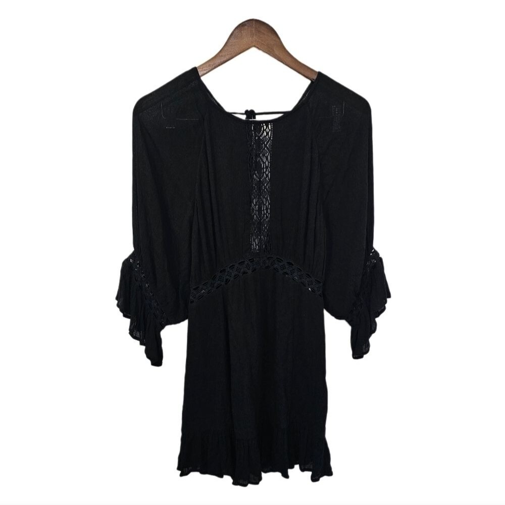 Free People boho black mini dress crochet detail deep back puff sleeves small